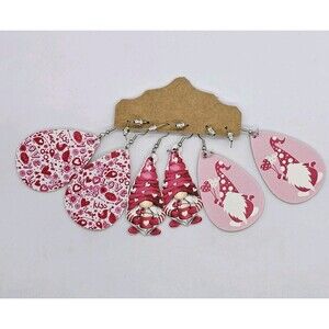 3 Womens Light Weight Faux Leather Dangle Earrings Design Both Sides Gnome Heart